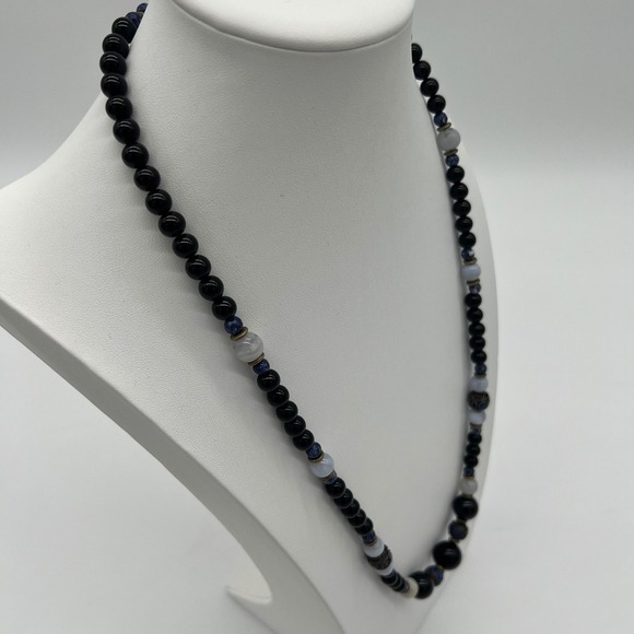 Vintage Black Onyx & Blue Cloisonné Bead Necklace 30" Clasp Stamped Silver - Picture 3 of 8